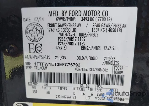 2014 Ford F-150 Xlt z USA, uszkodzony, nr VIN 1FTFW1ET3EFC76792